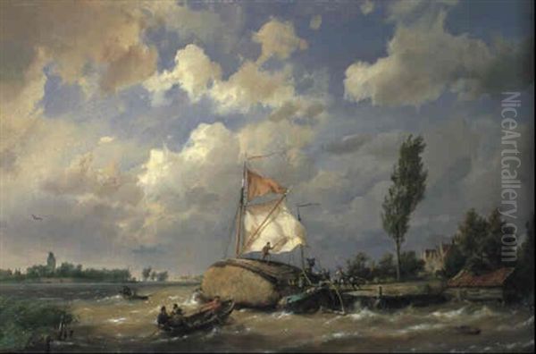 Hay Barge Off A Jetty In A Stiff Breeze Oil Painting by Hermanus Koekkoek the Elder