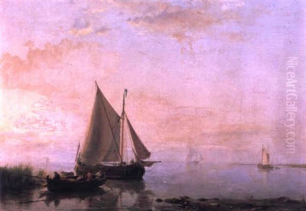 Shipping In A Calm At Sunset Oil Painting by Hermanus Koekkoek the Elder