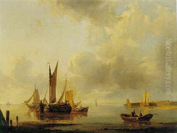 Flat Calm In A Low Countries Harbour Oil Painting by Hermanus Koekkoek the Elder