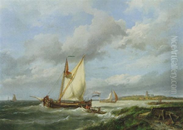 Figures In A Rowing-boat Approaching A Sailing Barge Off The Coast Oil Painting by Hermanus Koekkoek the Elder