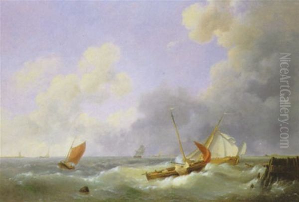 Fishing Smacks In A Swell Off A Jetty Oil Painting by Hermanus Koekkoek the Elder