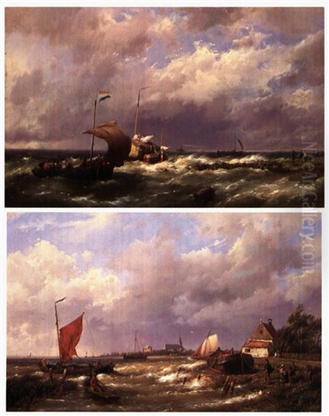 Shipping Scenes Off The Dutch Coast, A Pair Oil Painting by Hermanus Koekkoek the Elder