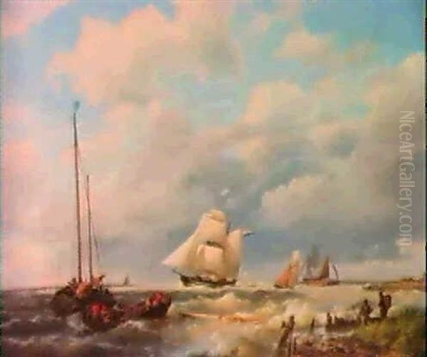 Sailing Vessels And Men In A Rowing Boat Off The Coast Oil Painting by Hermanus Koekkoek the Elder