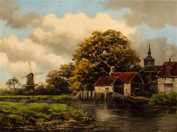 Village View With Mill Near The Water Oil Painting by Hermanus Koekkoek the Younger