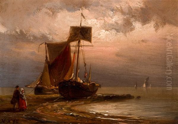 Figures And Stranded 'bomschuiten' At Dusk Oil Painting by Hermanus Koekkoek the Younger