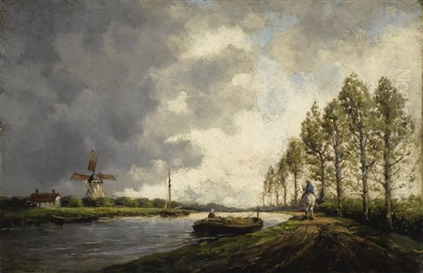 A River Landscape With A Horseman On A Path And Windmills Beyond Oil Painting by Hermanus Koekkoek the Younger