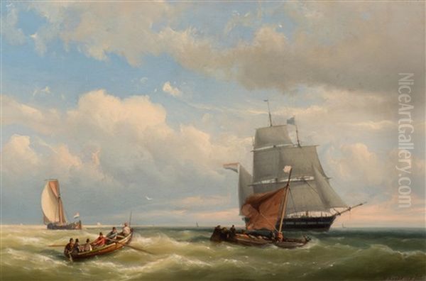 Ships On The Coast On A Sunny Day Oil Painting by Hermanus Koekkoek the Younger