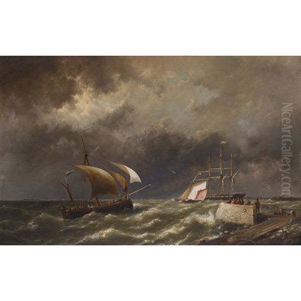 A Dutch Lugger, A French Ketch And A Merchantman Off The Coast Oil Painting by Hermanus Koekkoek the Younger