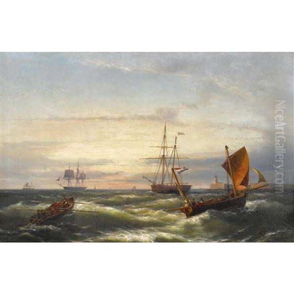 Segelschiffe Und Ruderboote Im Abendrot Oil Painting by Hermanus Koekkoek the Younger