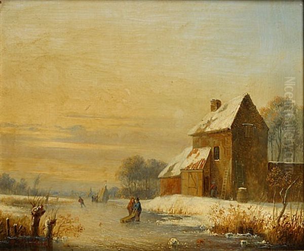 Patineurs Dans Un Paysage D'hiver Oil Painting by Hermanus Koekkoek the Younger