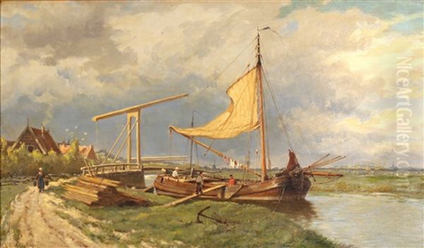 Loading The Ship Near A Drawbridge Oil Painting by Hermanus Koekkoek the Younger