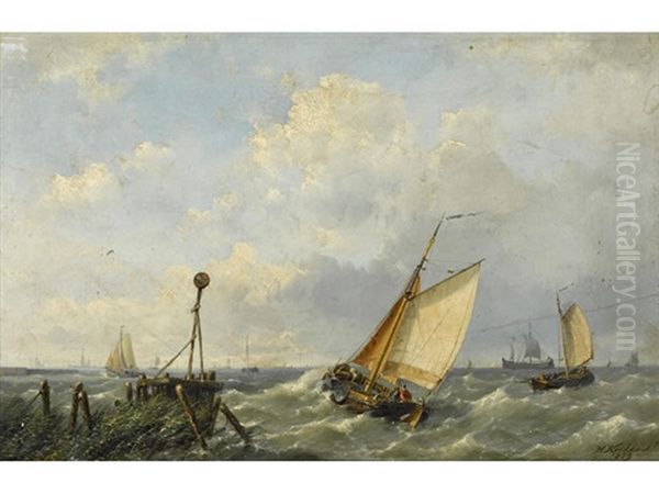 Fishing Boats In A Stiff Breeze Offshore by Hermanus Koekkoek the Younger