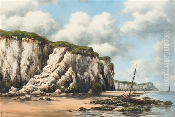 Fishing Boat At Low Tide By A Rocky Coast Oil Painting by Hermanus Koekkoek the Younger