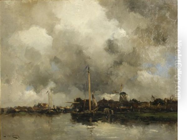 A River Landscape Under Threatening Skies Oil Painting by Hermanus Koekkoek the Younger