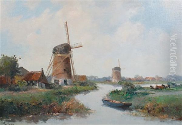 Dutch Windmill Scene Oil Painting by Hermanus Koekkoek the Younger