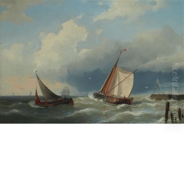 Sailing Vessels Off Pier, Holland Oil Painting by Hermanus Koekkoek the Younger