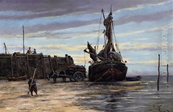 View Of A Dutch Waterfront, Possibly Delft And Fishermen Unloading The Catch (pair) Oil Painting by Hermanus Koekkoek the Younger