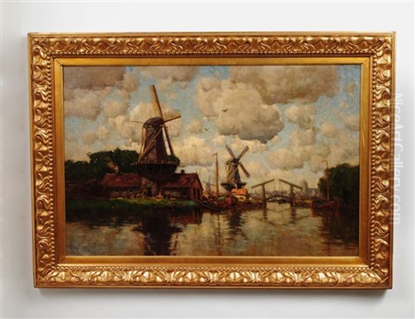 Canal Scene With Windmills Oil Painting by Hermanus Koekkoek the Younger