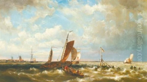 Shipping In An Estuary, With Windmills In The Background Oil Painting by Hermanus Koekkoek the Younger