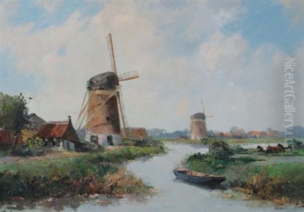 Dutch Windmill Scene Oil Painting by Hermanus Koekkoek the Younger