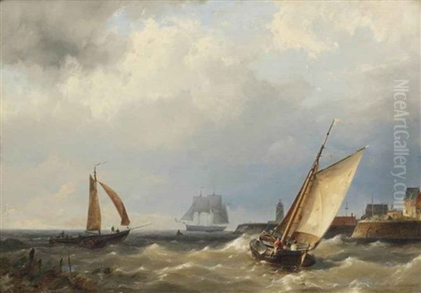 Fishing Vessel Putting Out To Sea Oil Painting by Hermanus Koekkoek the Younger