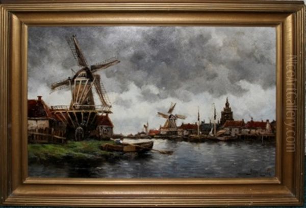 Dutch Canal Scene Oil Painting by Hermanus Koekkoek the Younger