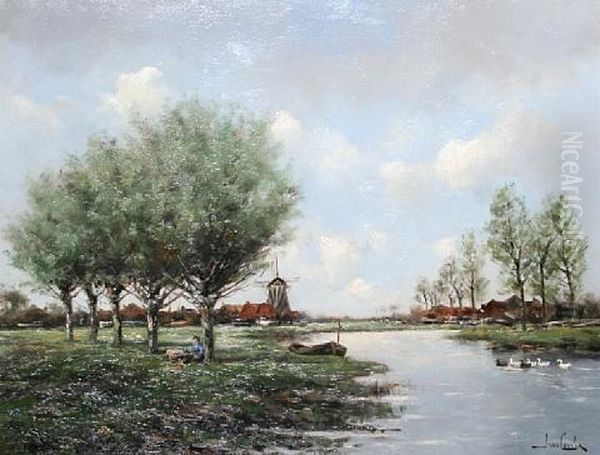 A Dutch River Landscape Oil Painting by Hermanus Koekkoek the Younger