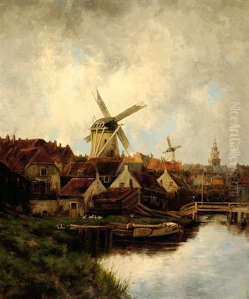 View Of A City With Two Saw-mills And In The Background A Church Tower Oil Painting by Hermanus Koekkoek the Younger