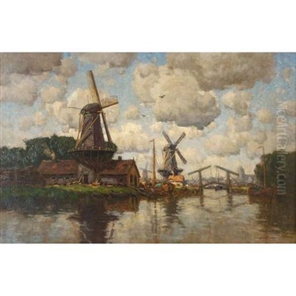 Windmills Along A Canal Oil Painting by Hermanus Koekkoek the Younger