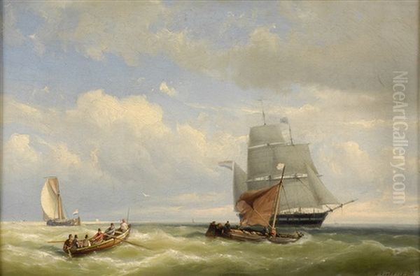 Handelsschiff Und Fischerboote Vor Der Kuste Oil Painting by Hermanus Koekkoek the Younger