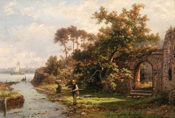 Flusslandschaft Mit Ruine Und Fischern Oil Painting by Hermanus Koekkoek the Younger