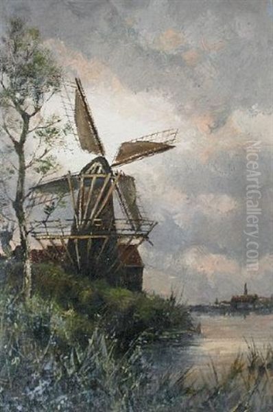 Near Muiden, Holland (+ Old Rotterdam, Holland; Pair) Oil Painting by Hermanus Koekkoek the Younger