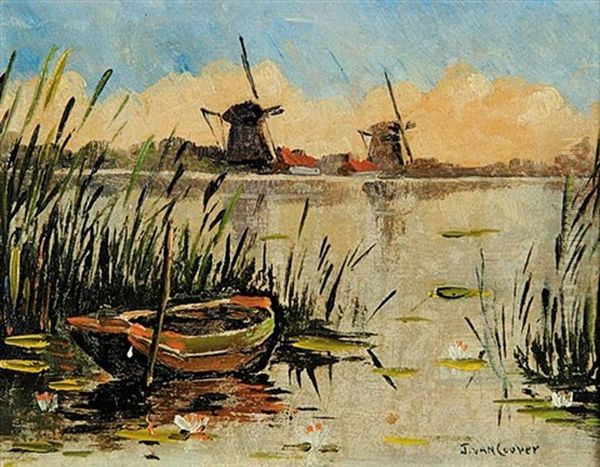 Untitled - Windmills And Boat Oil Painting by Hermanus Koekkoek the Younger