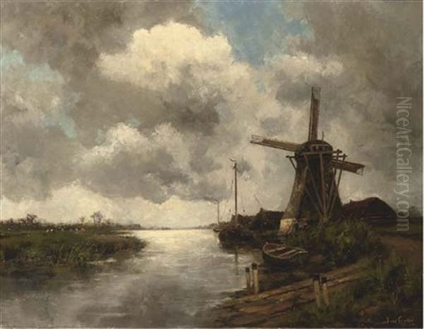 Windmill In A Polder Landscape Oil Painting by Hermanus Koekkoek the Younger