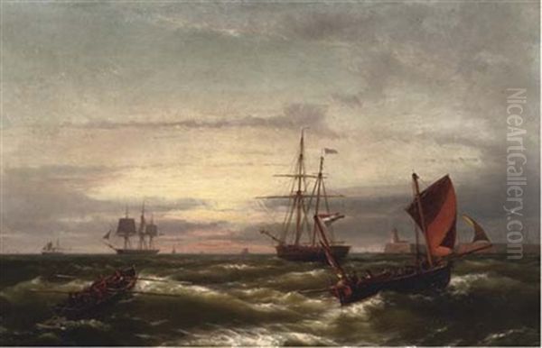 Shipping By A Harbour Oil Painting by Hermanus Koekkoek the Younger