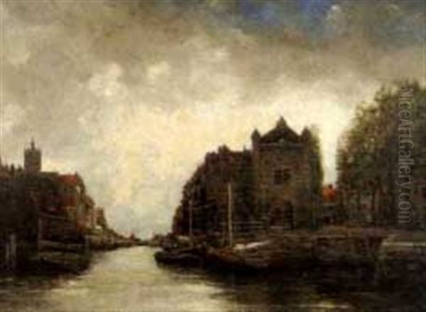 Dutch Canal Scene Oil Painting by Hermanus Koekkoek the Younger