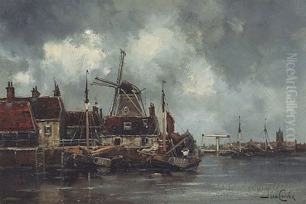 A Dutch Port With A Windmill Beyond (+ A Boat On An Estuary; Pair) Oil Painting by Hermanus Koekkoek the Younger