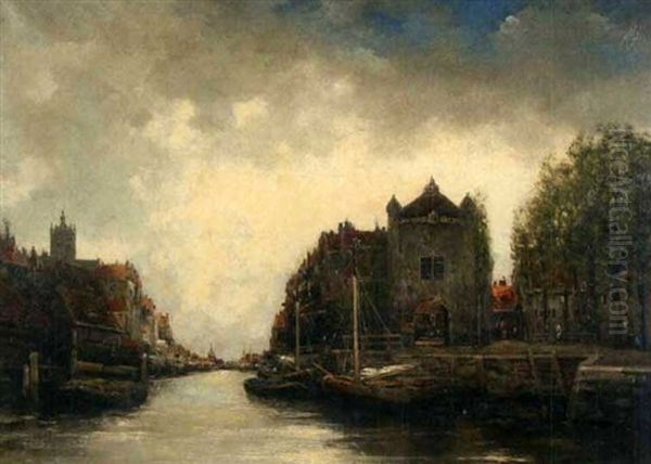 Dutch Canal Scene Oil Painting by Hermanus Koekkoek the Younger