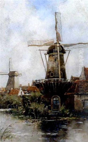 Windmills In A Village Oil Painting by Hermanus Koekkoek the Younger