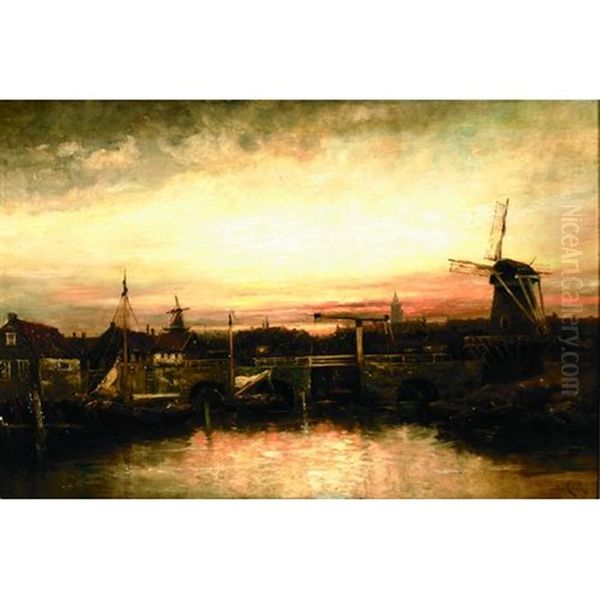 A View Of A Dutch Harbor At Dusk Oil Painting by Hermanus Koekkoek the Younger