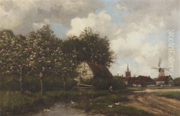 A Village By A Stream In Spring Oil Painting by Hermanus Koekkoek the Younger