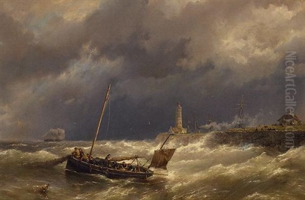 Gathering In The Nets In Stormy Seas Oil Painting by Hermanus Koekkoek the Younger