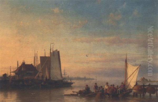 Calm Water, With Fishing Boats At The River Near Amsterdam by Hermanus Koekkoek the Younger