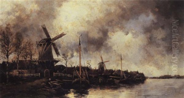 Dutch Windmills Oil Painting by Hermanus Koekkoek the Younger