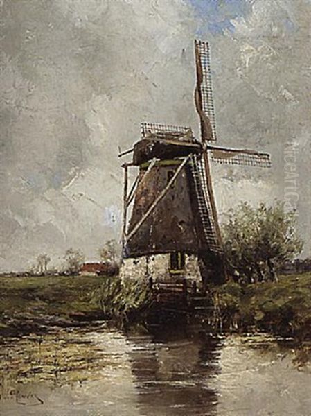 A Windmill In A Polder Landscape Oil Painting by Hermanus Koekkoek the Younger