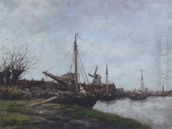 Boats On A Dutch Canal Oil Painting by Hermanus Koekkoek the Younger