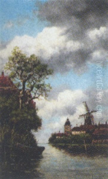 Hollandsk Landskab Med By Og Molle Ved Kanal Oil Painting by Hermanus Koekkoek the Younger