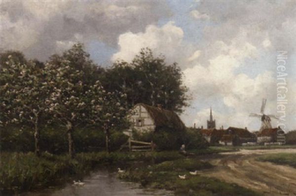 A Village By A Stream In A Spring Oil Painting by Hermanus Koekkoek the Younger