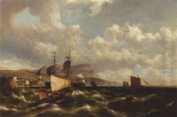 Shipping On Choppy Water Off A Rocky Coast By A Harbour Oil Painting by Hermanus Koekkoek the Younger