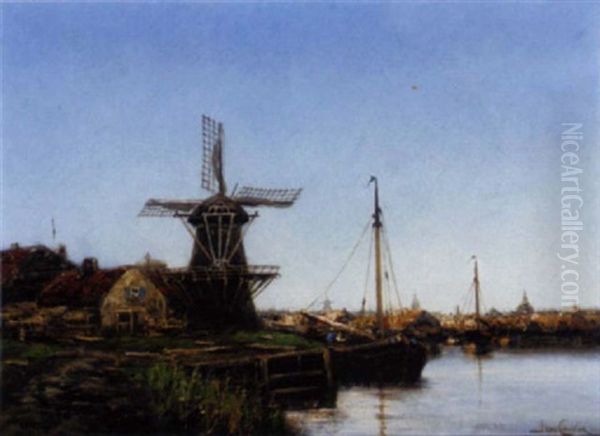 A Barge Moored By A Windmill Before A Dutch Town Oil Painting by Hermanus Koekkoek the Younger